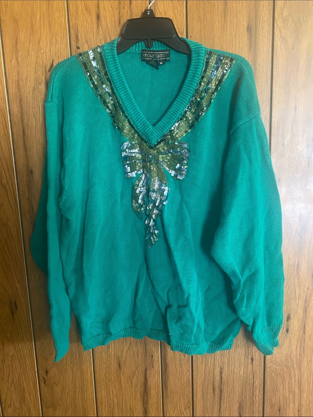 Maurices Teal V-Neck Sweater with Sequin Bow Accent